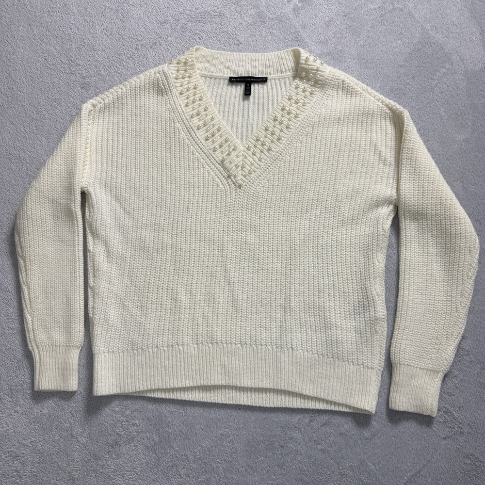White House Black Market Women's Medium Ivory Pearl Embellished V-Neck Sweater